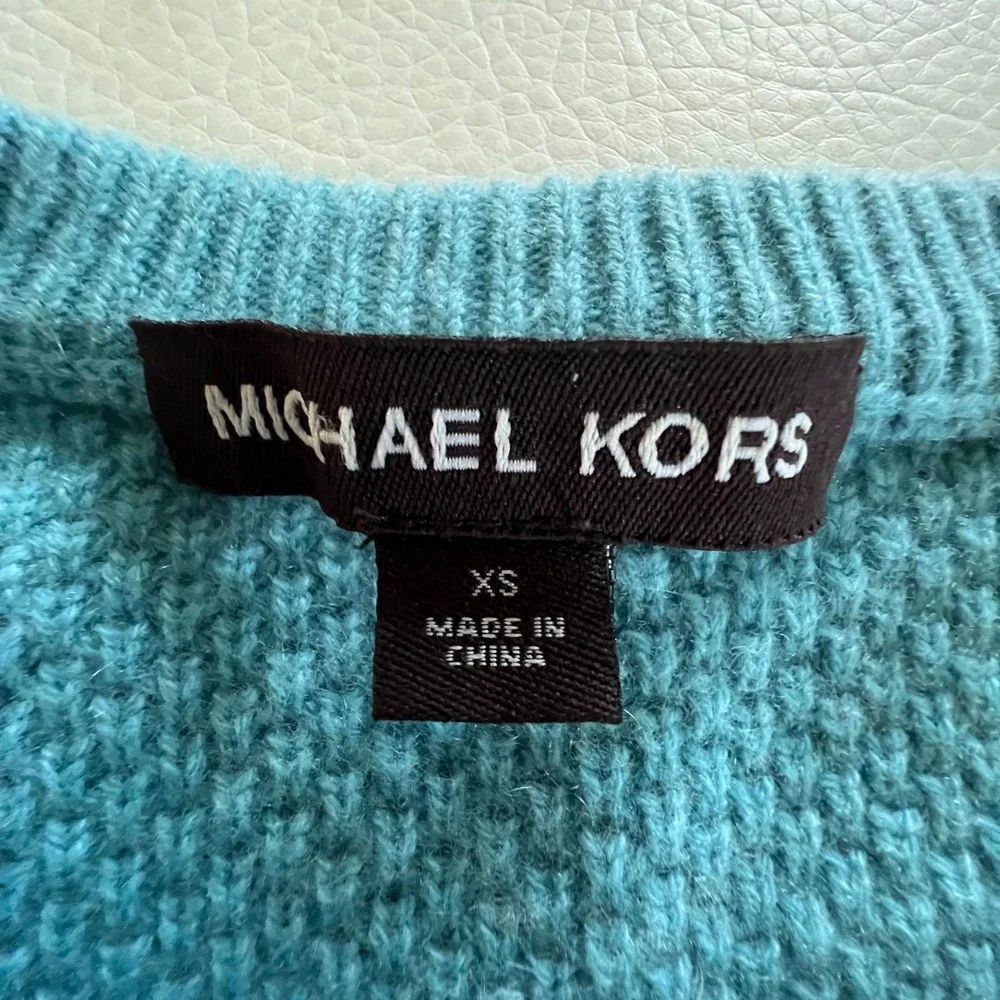 Michael Kors Sweater Women XS Turquoise Cashmere Waffle Knit Crewneck 5558 8/26